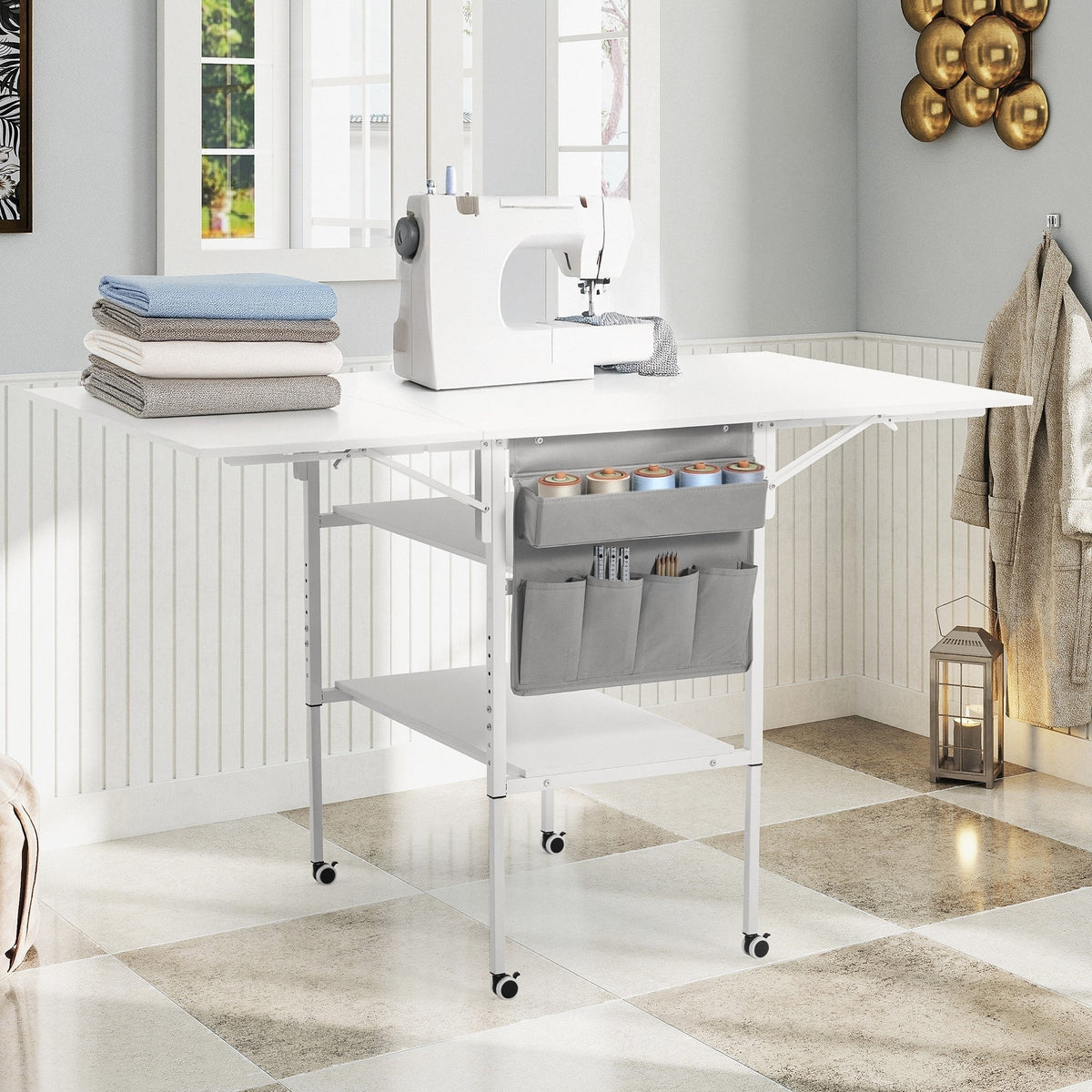 Table d’activités réglable en hauteur avec étagères de rangement, table de découpe pliante et mobile pour bureau à domicile, couture ou loisirs créatifs