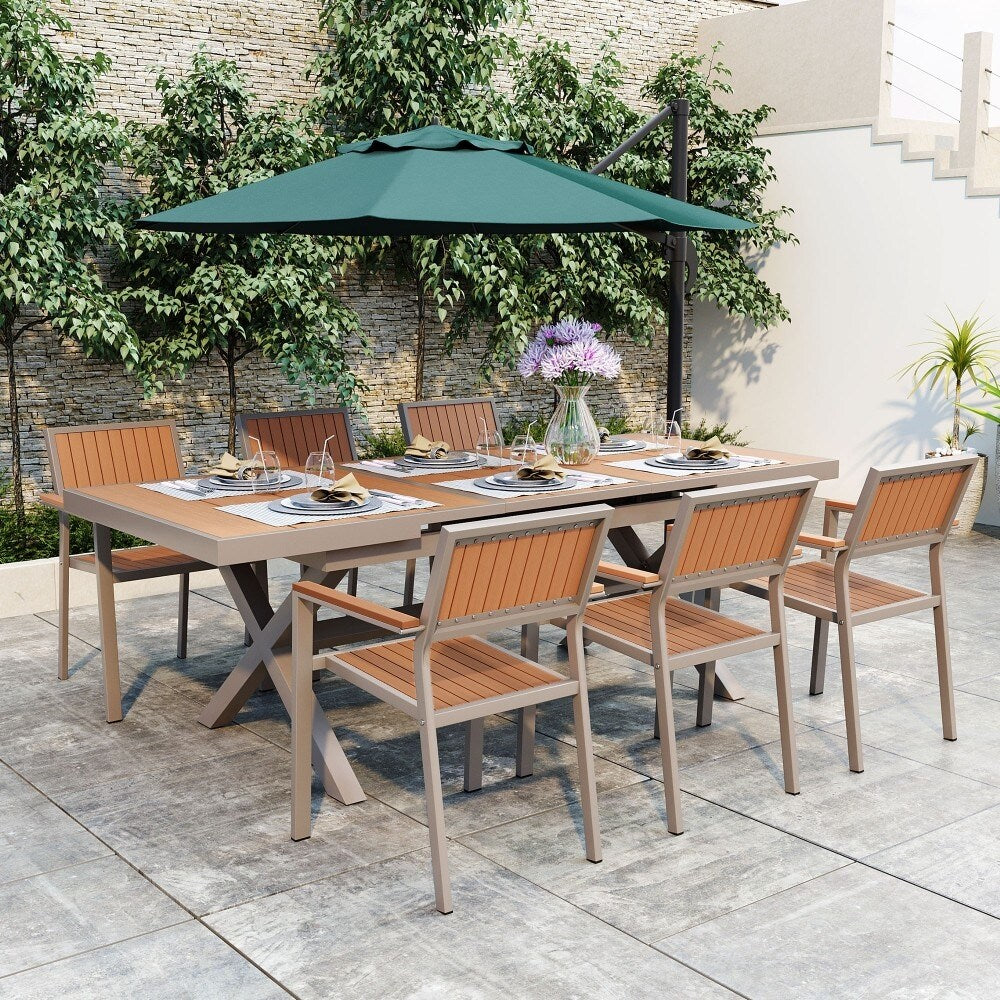 Modernes 7-teiliges Gartenmöbelset mit sechs Stühlen und ausziehbarem Tisch für die Terrasse