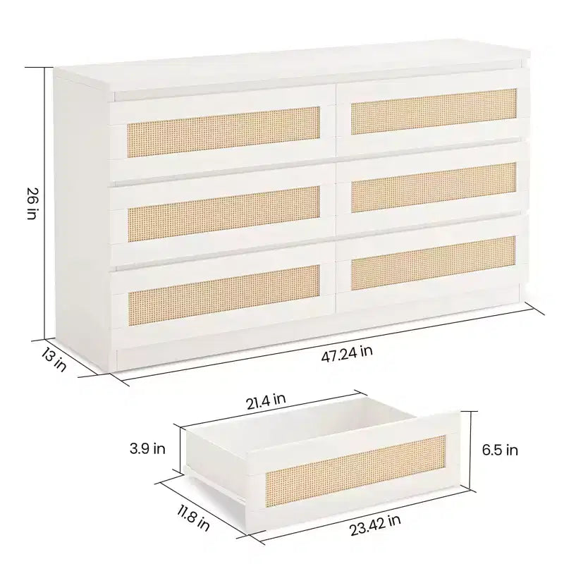 Rotan ladekast voor de slaapkamer met 6 laden, brede moderne ladekast van 47 inch in landelijke stijl, houten opbergkast en organizer voor kledingkast, woonkamer en hal