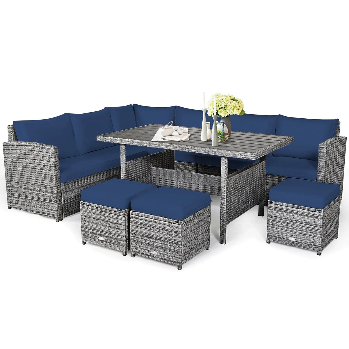 Costway, ensemble de salle à manger de jardin en rotin de 7 pièces avec canapé d’angle et repose-pieds - Voir les détails