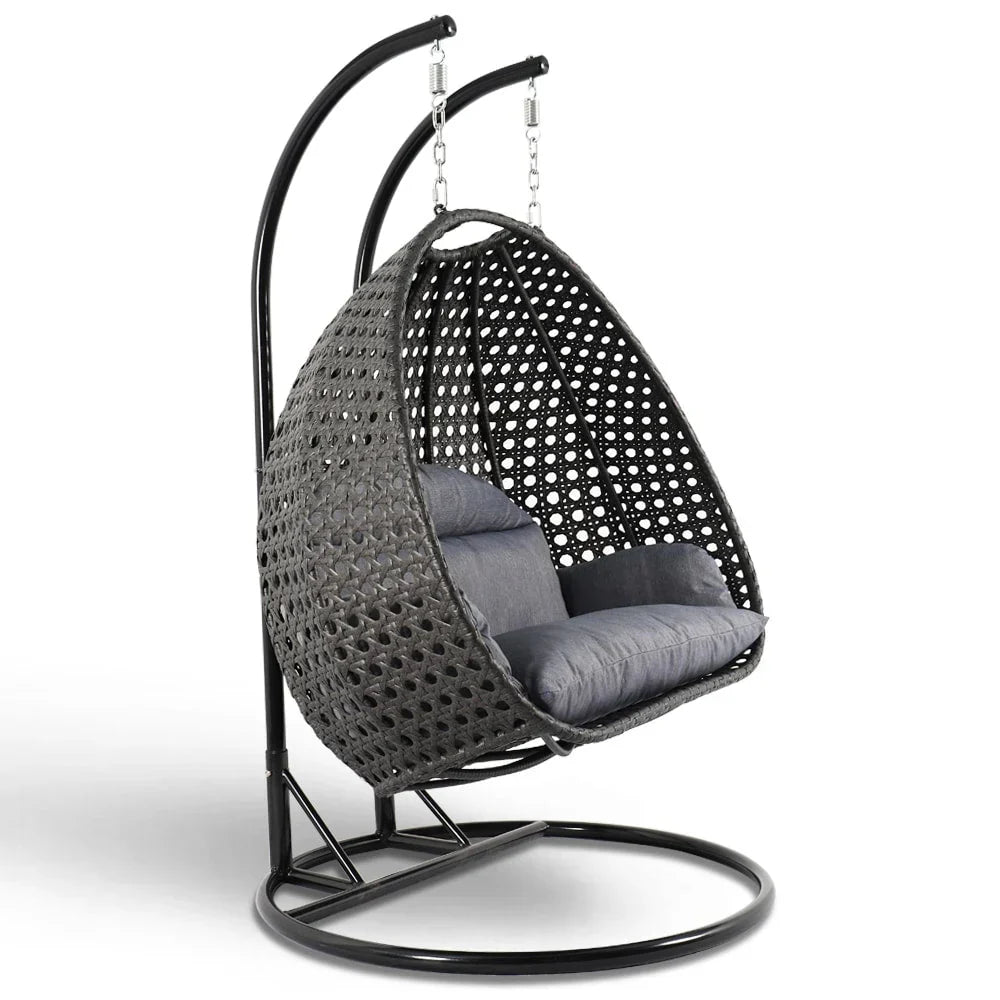 Fauteuil œuf suspendu 2 places LeisureMod avec support - fauteuil hamac balançoire de patio en osier de rotin pour l’extérieur et l’intérieur, avec coussins