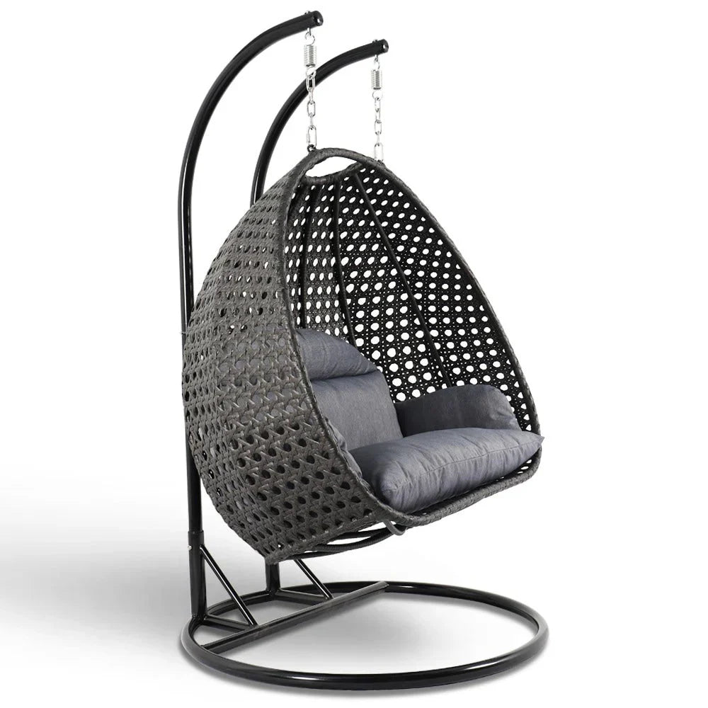 Fauteuil œuf suspendu 2 places LeisureMod avec support - fauteuil hamac balançoire de patio en osier de rotin pour l’extérieur et l’intérieur, avec coussins