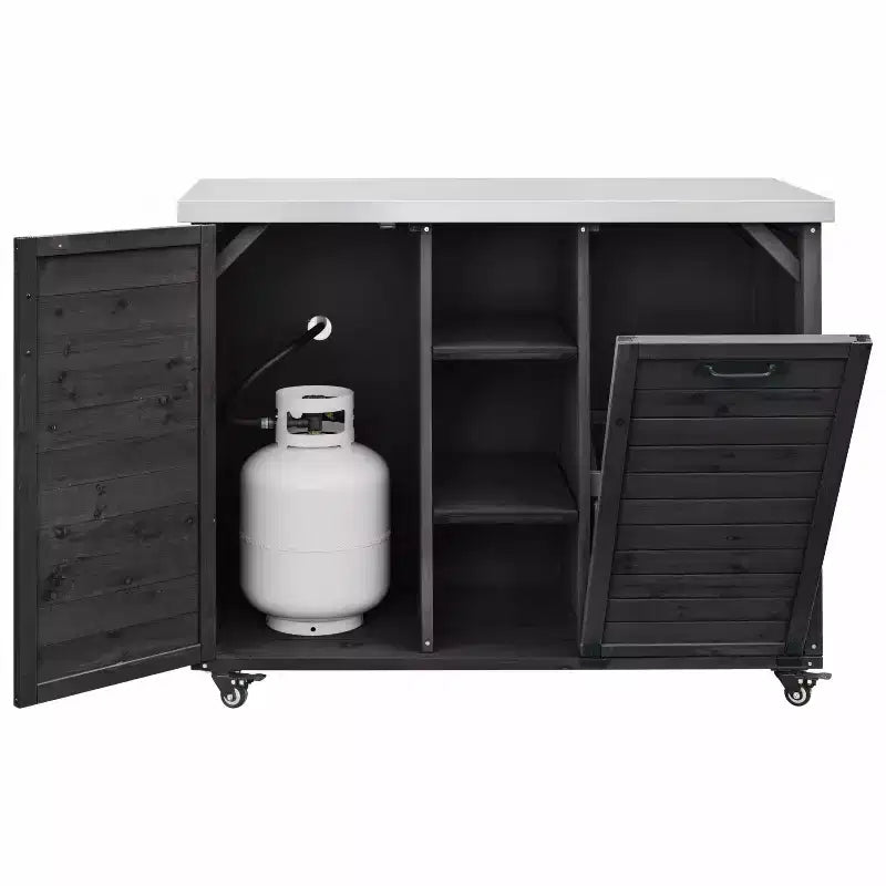 Buitenkeukeneiland van 78.3 inch met roestvrijstalen werkblad, opvouwbaar BBQ-station en opbergkasten, zwart