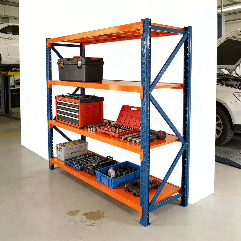 VIYET extra stevige garageschappen, verstelbare metalen stellingkast met 4 niveaus en een draagvermogen van 4400LBS, blauwe en oranje industriële opslag voor winkels, gereedschap en sportscholen