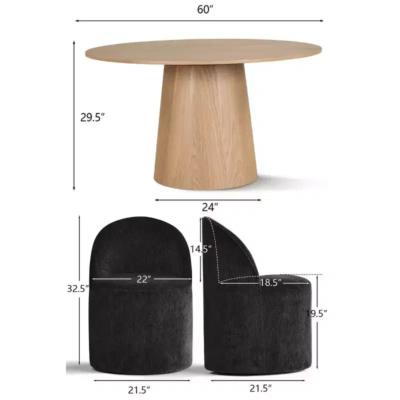 Ensemble de salle à manger moderne pour 6 personnes, table ronde à piètement central, fauteuils pivotants en forme de tonneau à roulettes, chenille texturée - Panipeachy