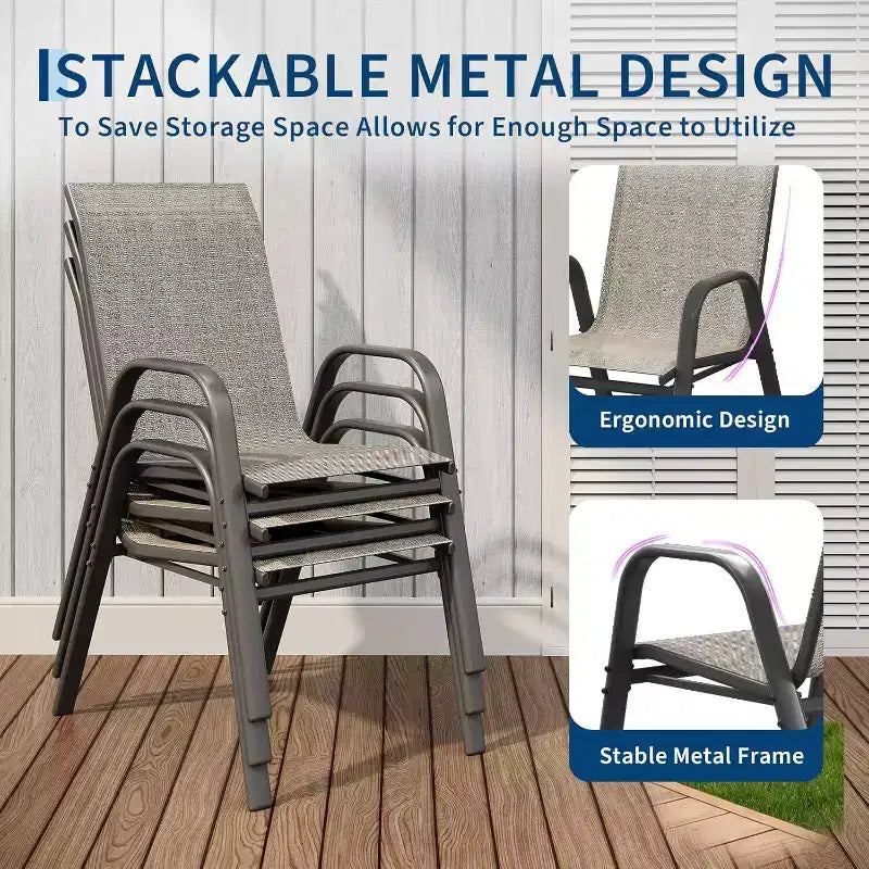 Terrasstoelen, stapelbare buiteneetkamerstoelen set van 4/6, lichtgewicht Textilene-stoelensets voor buiten voor alle weersomstandigheden, met armleuningen voor de achtertuin en het zwembadterras