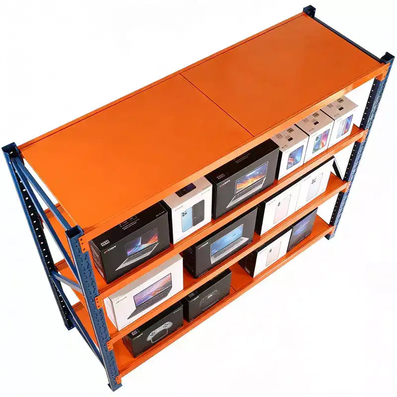 VIYET extra stevige garageschappen, verstelbare metalen stellingkast met 4 niveaus en een draagvermogen van 4400LBS, blauwe en oranje industriële opslag voor winkels, gereedschap en sportscholen
