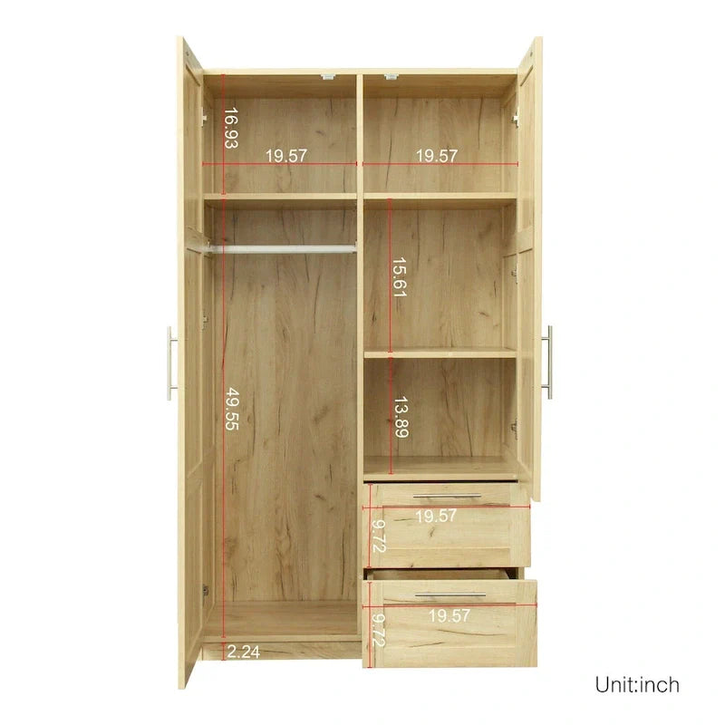 Armoire de rangement en bois blanc avec portes, tiroirs et tringle de penderie