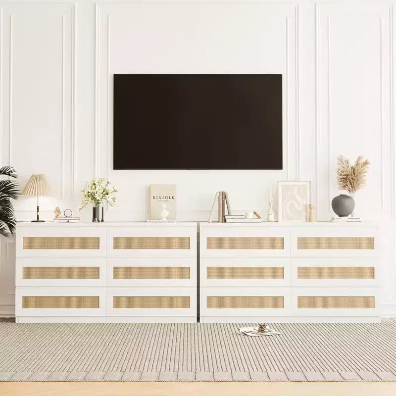 Rotan ladekast voor de slaapkamer met 6 laden, brede moderne ladekast van 47 inch in landelijke stijl, houten opbergkast en organizer voor kledingkast, woonkamer en hal