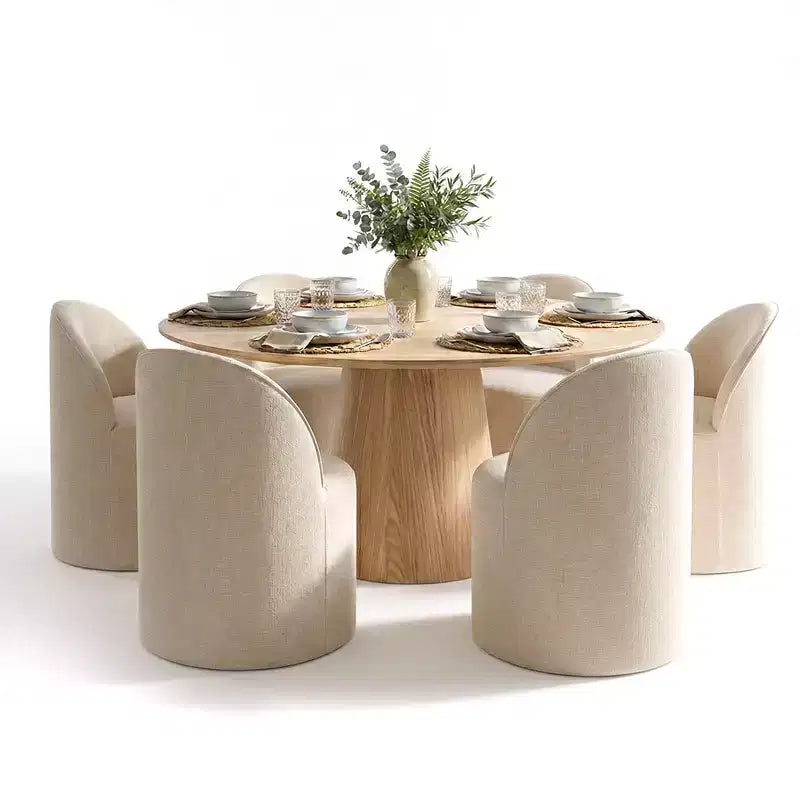 Ensemble de salle à manger moderne pour 6 personnes, table ronde à piètement central, fauteuils pivotants en forme de tonneau à roulettes, chenille texturée - Panipeachy