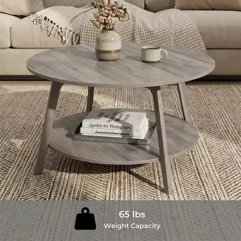 Table basse ronde brun miel avec 2 niveaux de rangement, mesurant 31.5 x 17.7 pouces, idéale pour le salon