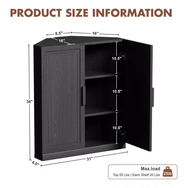 Dovelina hoekvitrinekast met verstelbare planken, dressoir, buffetkast, wijnkast, keuken- en eetkamerkast met houten deuren - 31H x 31W, 36H x 31W