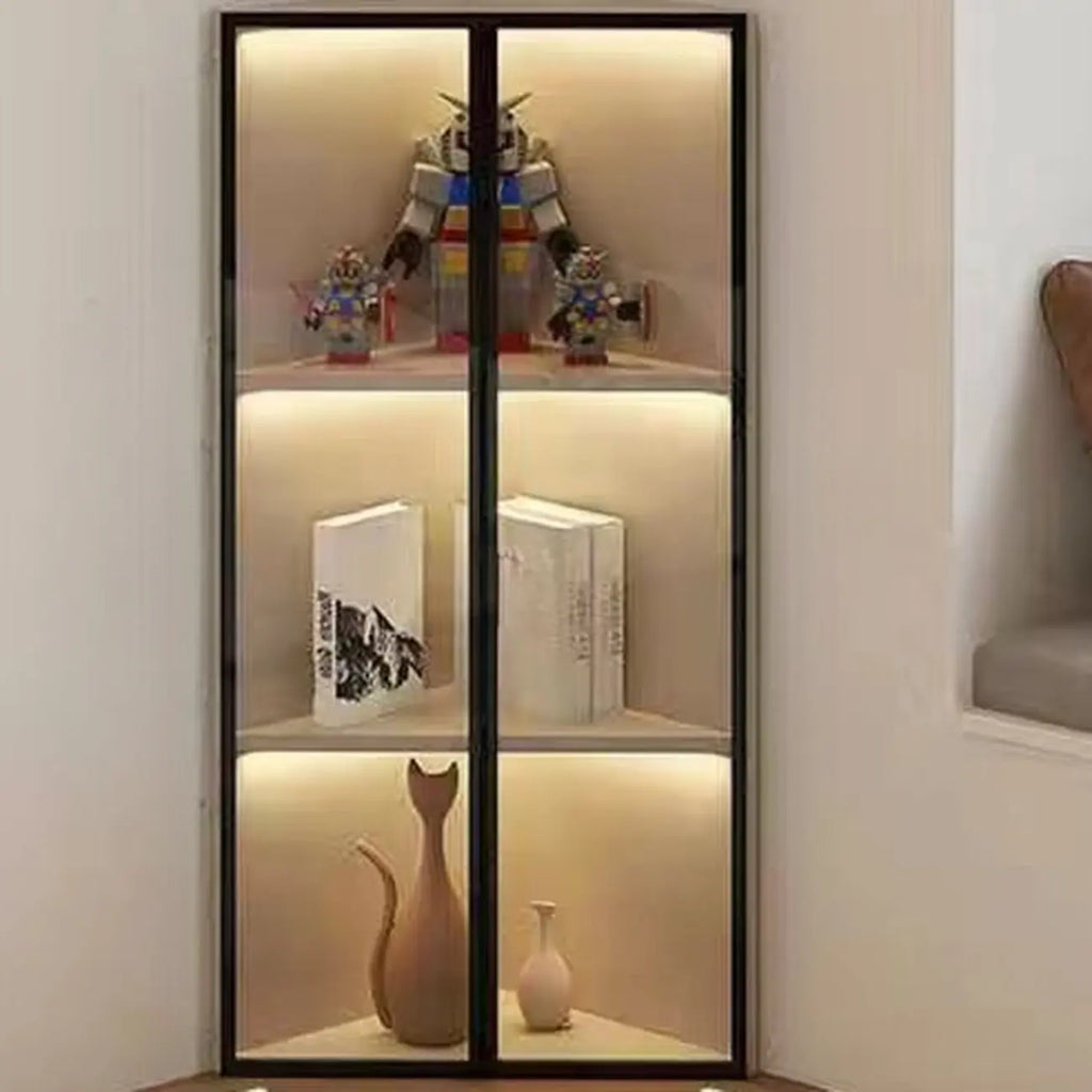 Moderner grauer Eckvitrinenschrank aus Metall und Holz mit Glastür