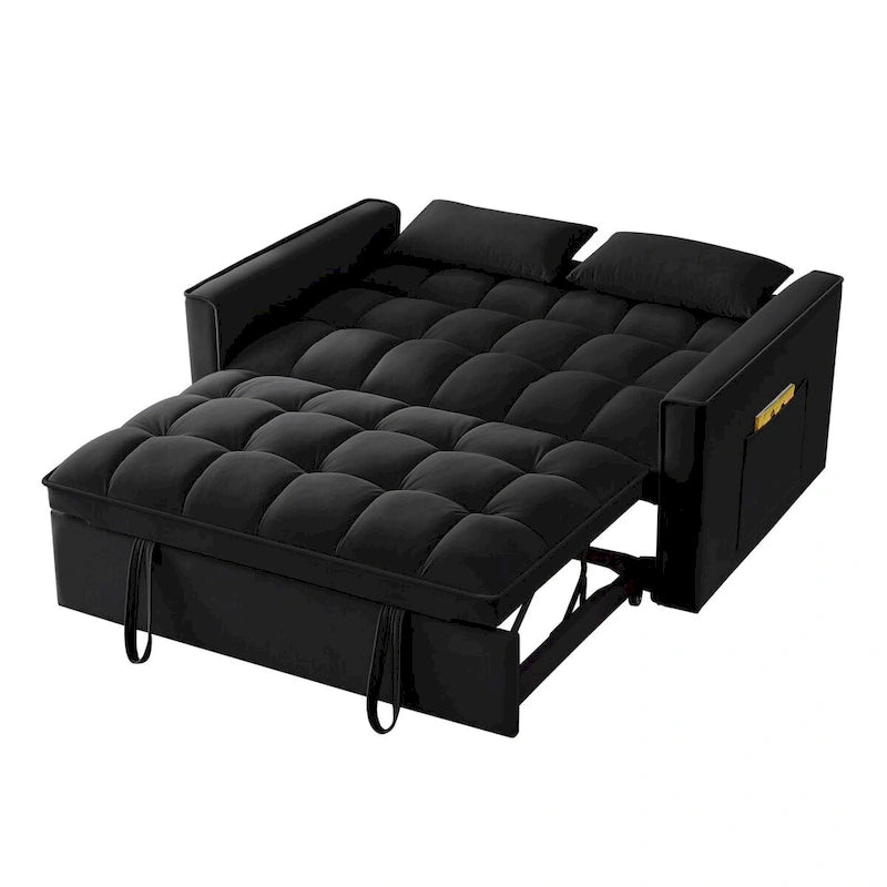 4-in-1-Zweisitzer-Schlafsofa mit Armlehnen und Aufbewahrungstaschen, multifunktionales, getuftetes Ausziehsofa mit verstellbarer Rückenlehne
