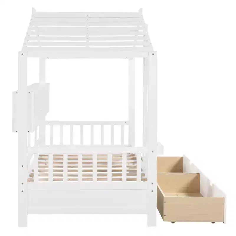 Lit cabane en bois format simple/double avec 2 tiroirs, lit pour enfant avec étagère de rangement - ModernLuxe