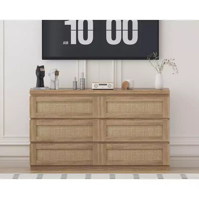 Rotan ladekast voor de slaapkamer met 6 laden, brede moderne ladekast van 47 inch in landelijke stijl, houten opbergkast en organizer voor kledingkast, woonkamer en hal