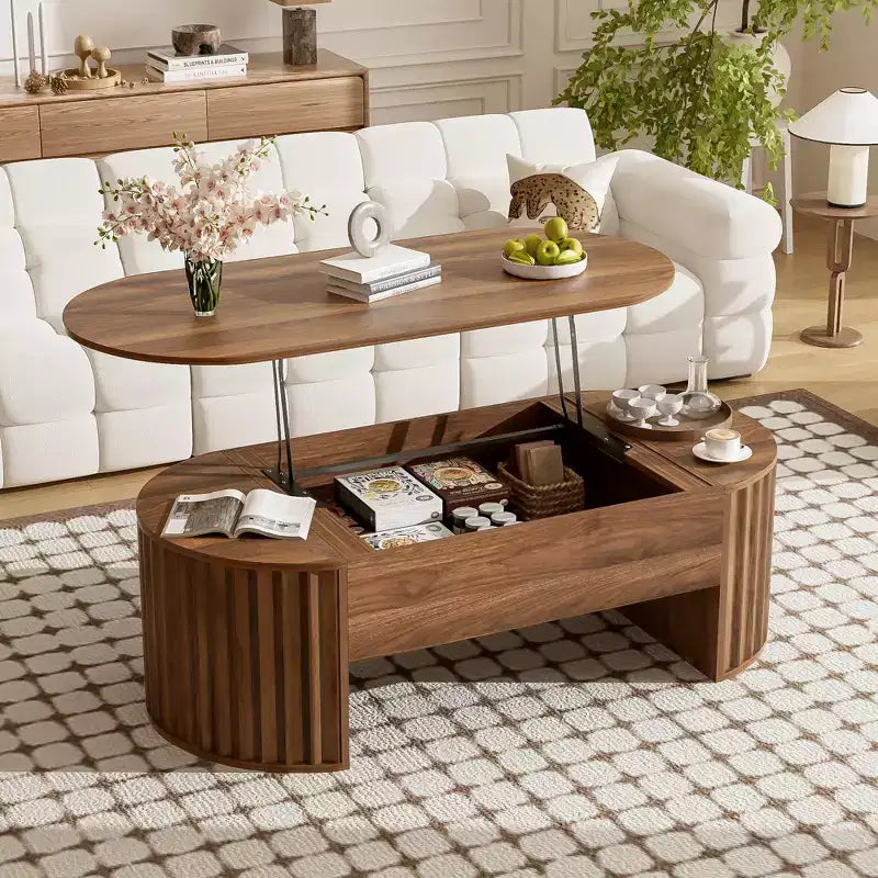 47.2 Couchtisch mit hochklappbarer Tischplatte und verstecktem Fach, oval, braun
