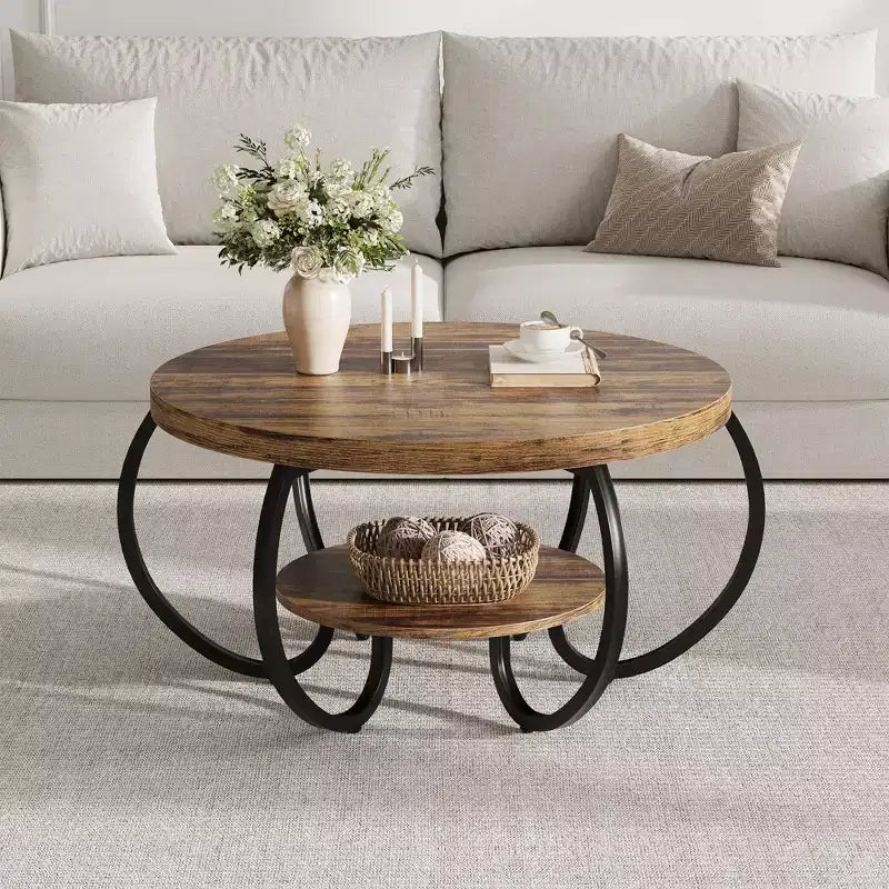 Ronde industriële salontafel van 30 inch, 2 niveaus, met verstelbare voetjes, plank met houtnerf, vlamontwerp, eenvoudig te monteren, voor de woonkamer