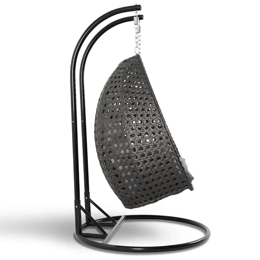 Fauteuil œuf suspendu 2 places LeisureMod avec support - fauteuil hamac balançoire de patio en osier de rotin pour l’extérieur et l’intérieur, avec coussins