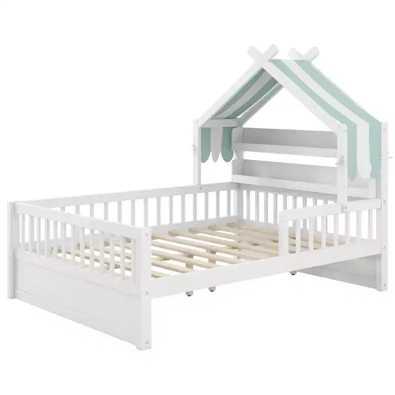 Lit cabane en bois ModernLuxe pour lit simple ou double avec tête de lit de rangement, cadre de lit pour enfant en pin massif avec barrières de sécurité