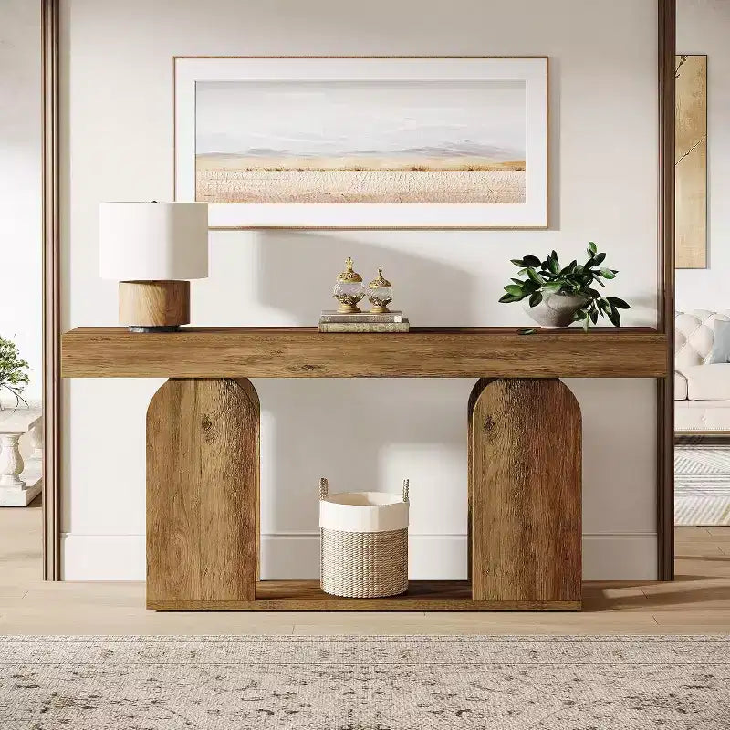 Table console de ferme extra-longue Lantine de 70.9 pouces avec étagère de rangement en bois à 2 niveaux, pour couloir, salon et entrée, brun vintage.