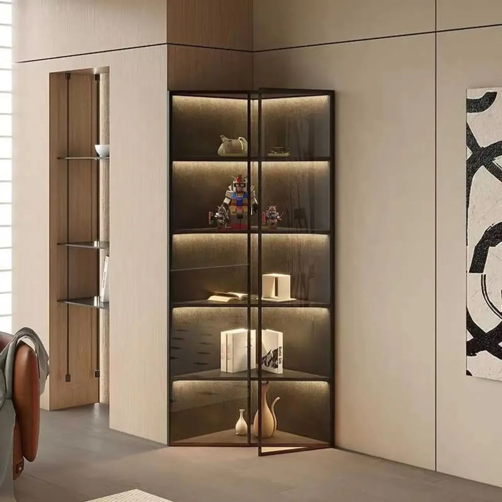 Moderner grauer Eckvitrinenschrank aus Metall und Holz mit Glastür
