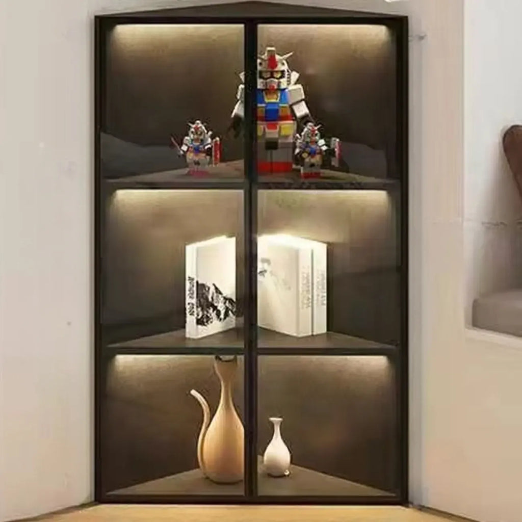 Moderner grauer Eckvitrinenschrank aus Metall und Holz mit Glastür