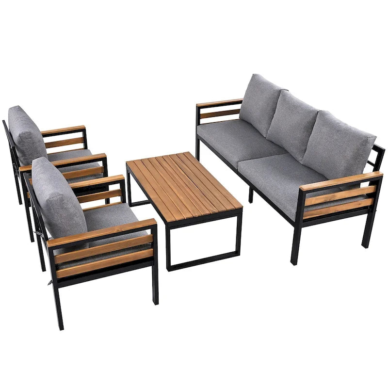 4-teiliges Outdoor-Sofaset für 5 Personen mit Couchtisch aus Massivholz und abnehmbaren Kissen