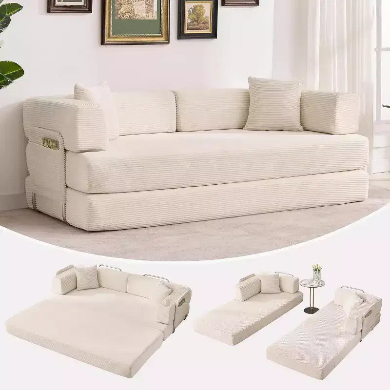 5-in-1-Schlafsofa, 78.8 modulares Cordsofa mit stabilem Gestell, multifunktionales Futon für kleine Räume, Wohnzimmer und Gästezimmer