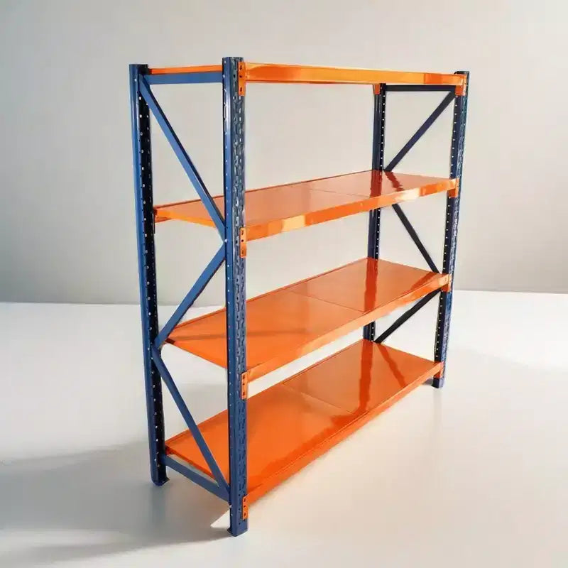 VIYET extra stevige garageschappen, verstelbare metalen stellingkast met 4 niveaus en een draagvermogen van 4400LBS, blauwe en oranje industriële opslag voor winkels, gereedschap en sportscholen