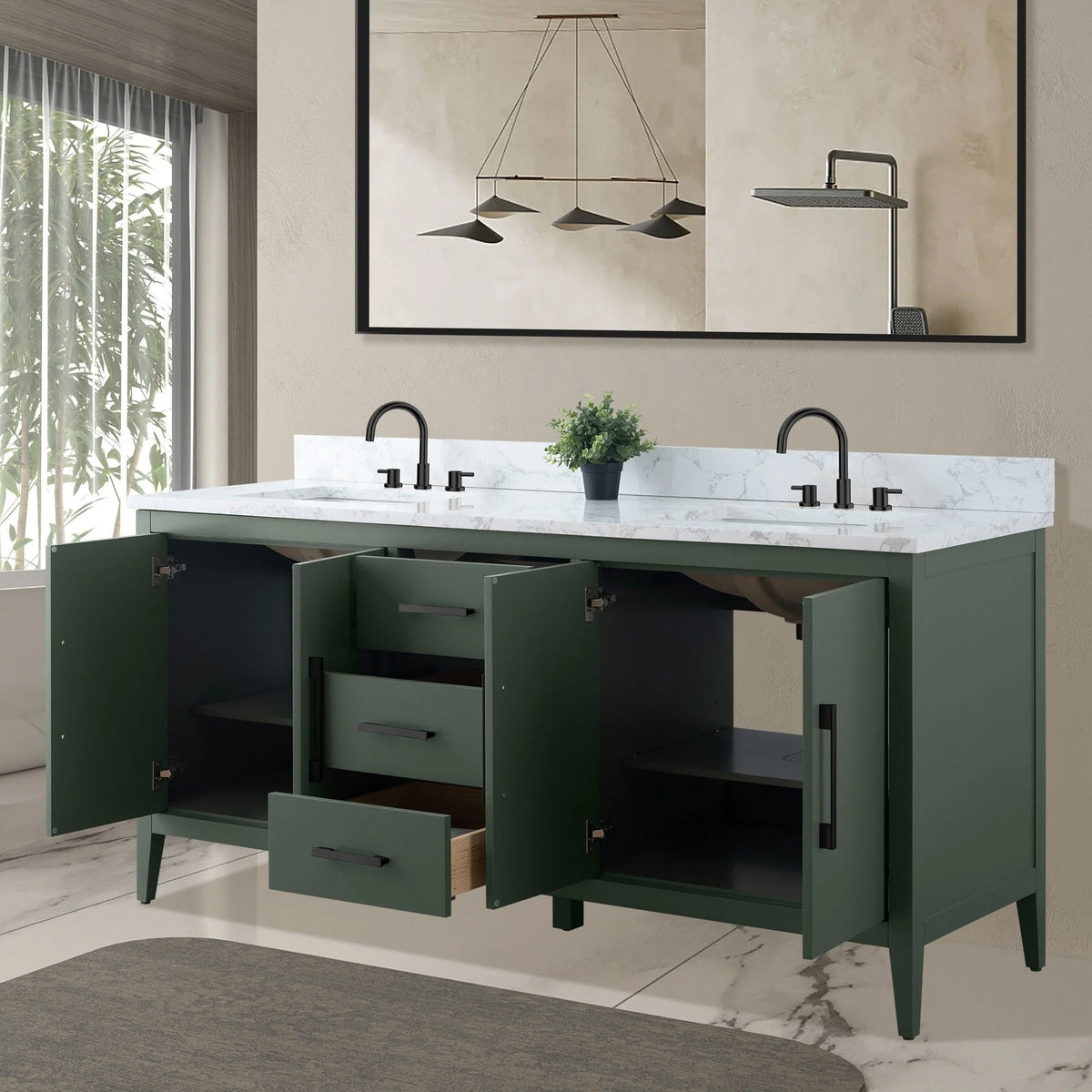 Vanity Art 72 Double Sink Bathroom Vanity Cabinet with Engineered Marble Top