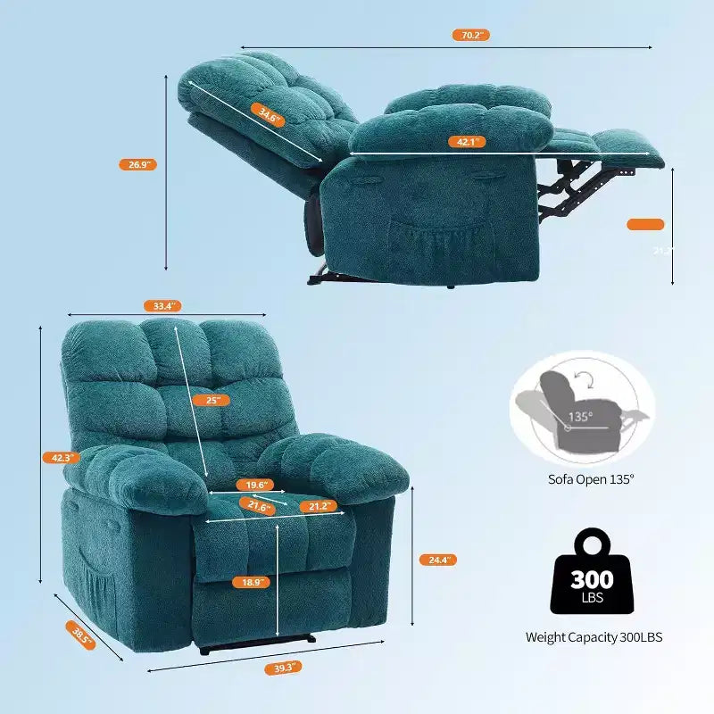 Handmatige relaxfauteuil, ergonomische relaxfauteuil van ademende stof met zijvakken, eenpersoonsbank, geschikt voor de woonkamer en slaapkamer