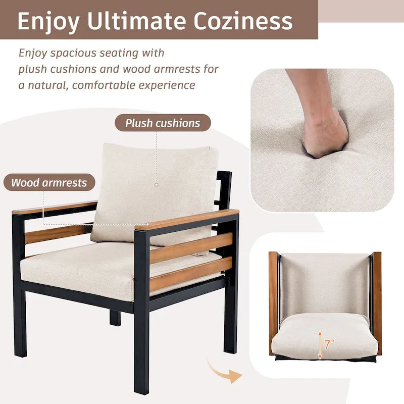 4-teiliges Outdoor-Sofaset für 5 Personen mit Couchtisch aus Massivholz und abnehmbaren Kissen