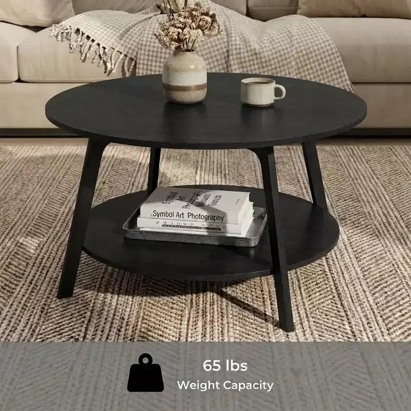 Table basse ronde brun miel avec 2 niveaux de rangement, mesurant 31.5 x 17.7 pouces, idéale pour le salon