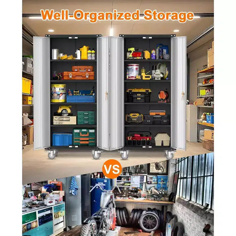 Garagenschrank mit Rollen und Lochwand, abschließbarer Metallschrank mit 72 H, 2 Türen und 4 verstellbaren Einlegeböden für Garage und Werkstatt