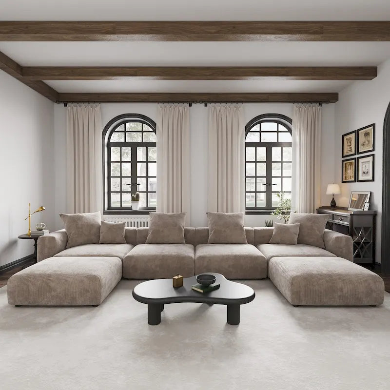 Großes modulares U-förmiges Ecksofa aus Cord mit 4 Sitzplätzen, 2 Hockern und 5 Kissen
