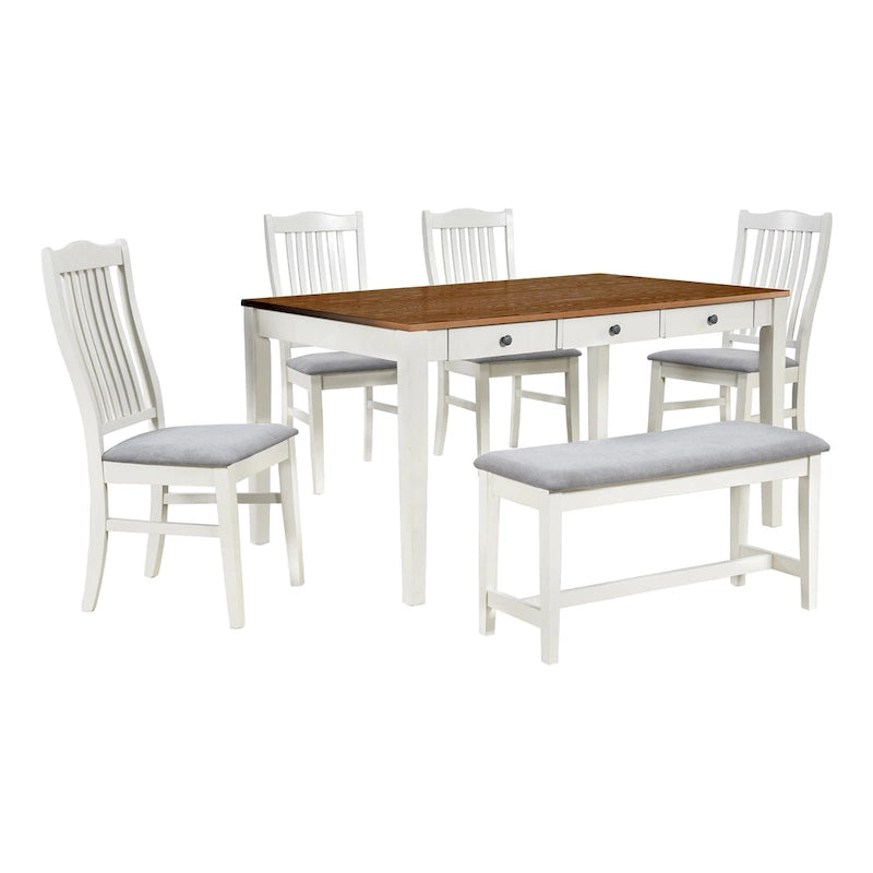 Eetkamerset van hout, 6-delig, met 4 stoelen en een bankje, tafel met lade
