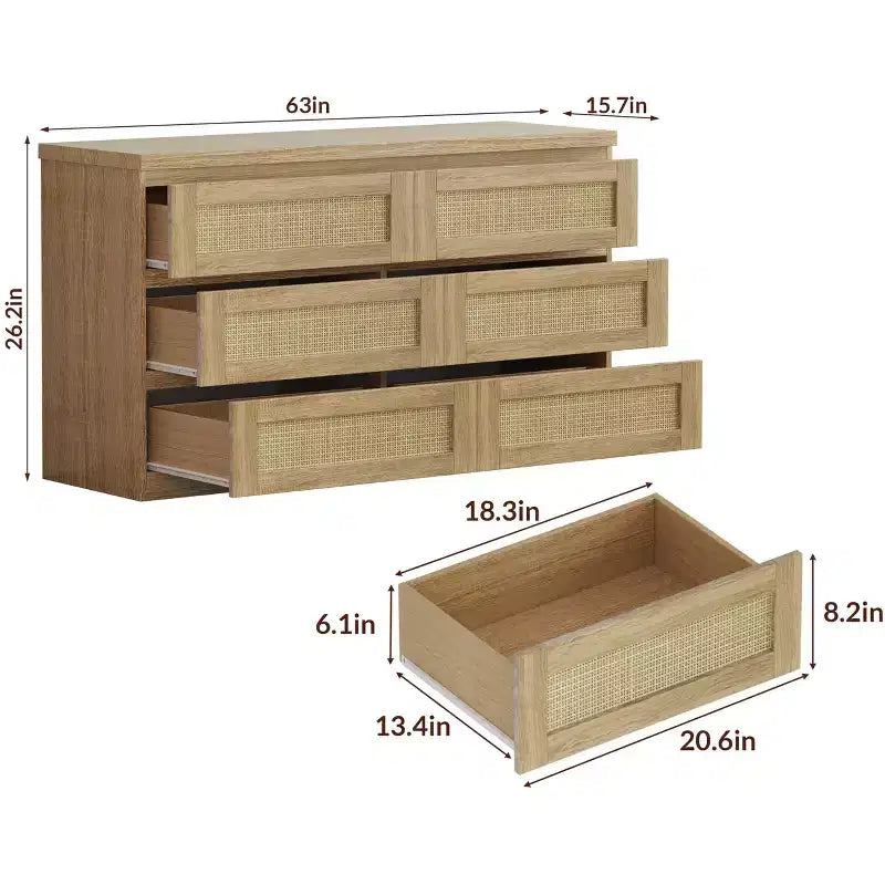 Rotan ladekast voor de slaapkamer met 6 laden, brede moderne ladekast van 47 inch in landelijke stijl, houten opbergkast en organizer voor kledingkast, woonkamer en hal