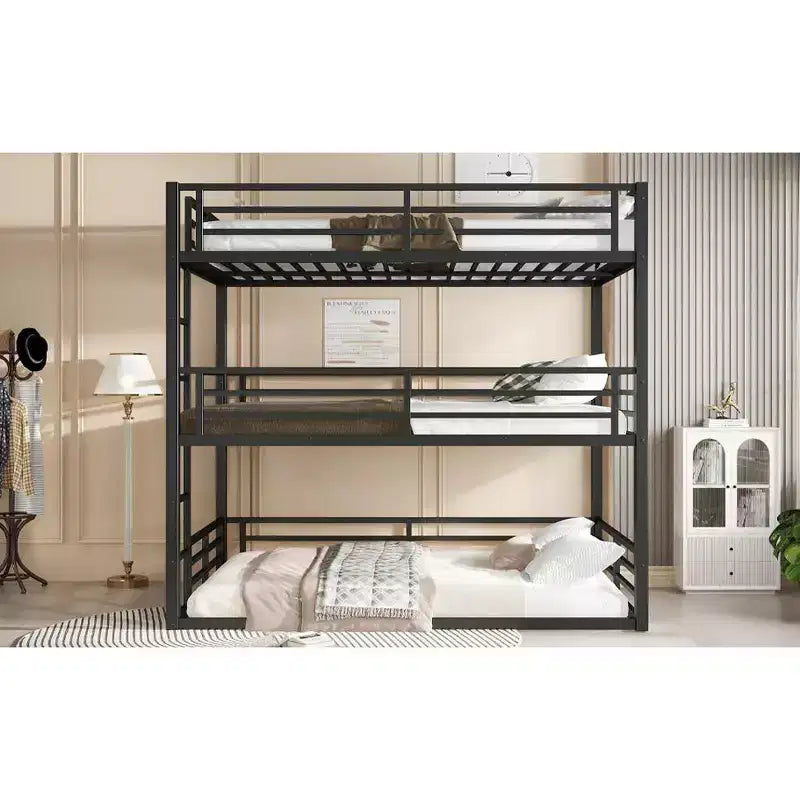 Etagenbett für drei Personen, Metall, mit Sicherheitsgittern, robustes Etagenbett mit geräuschreduziertem Design, Schwarz