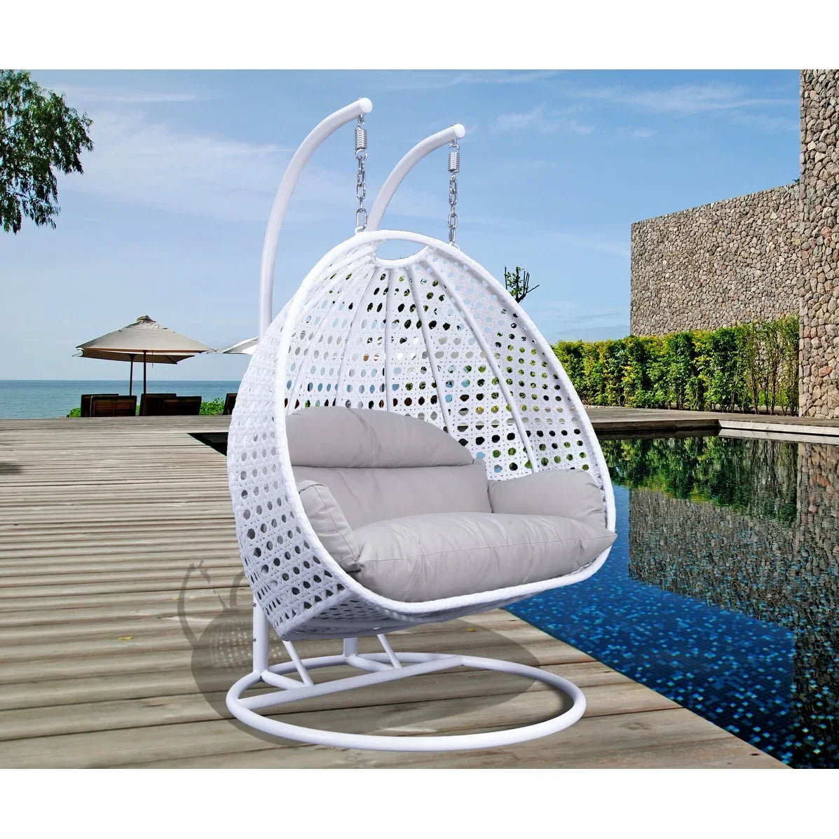 Fauteuil œuf suspendu 2 places LeisureMod avec support - fauteuil hamac balançoire de patio en osier de rotin pour l’extérieur et l’intérieur, avec coussins