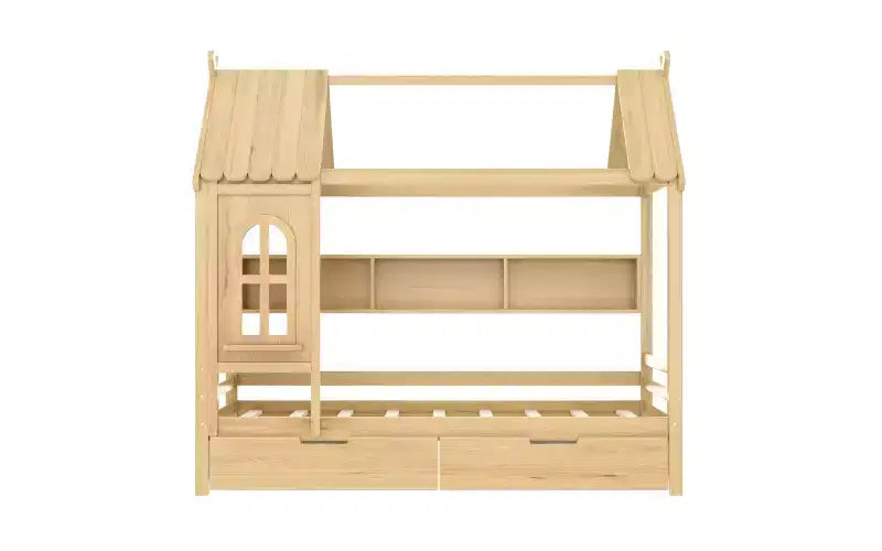 Hausbett mit Stauraumschubladen und Fenster, Massivholzrahmen mit Regalen, kindgerechtes verspieltes Design, hellweiß
