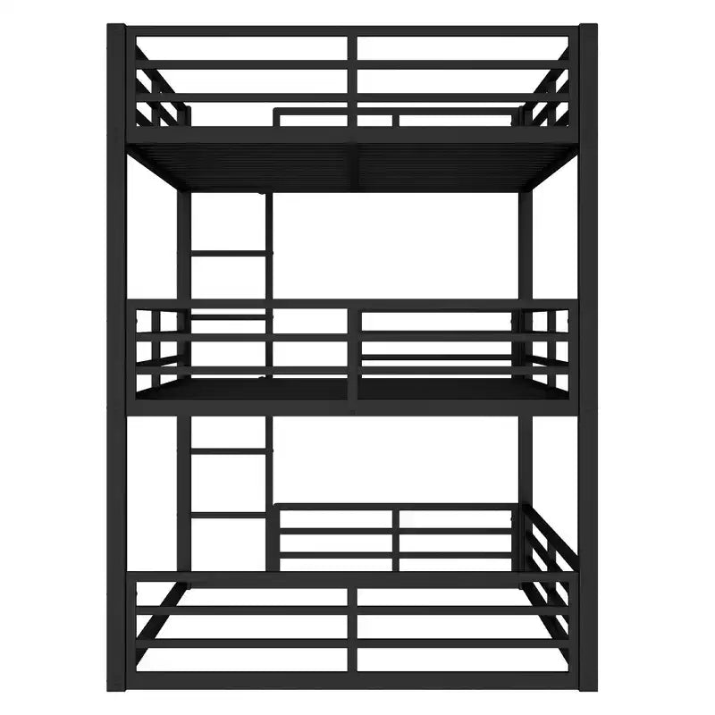 Etagenbett für drei Personen, Metall, mit Sicherheitsgittern, robustes Etagenbett mit geräuschreduziertem Design, Schwarz