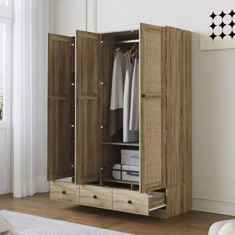 Famapy Rattan-Kleiderschrank mit 3 Schubladen und 3 atmungsaktiven Rattantüren, hoher Schrank im Landhausstil für das Schlafzimmer