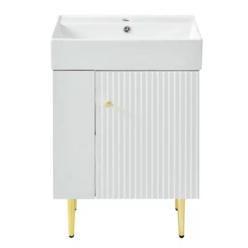 Witte badkamermeubelcombinatie van 21.6, opbergkast voor de badkamer, enkele keramische wastafel, opbergruimte aan de linkerkant