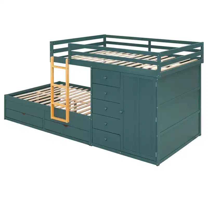 Stapelbed met twee tweepersoonsbedden, opbergkast en laden, houten stapelbed in tweepersoonsformaat met ruimtebesparend ontwerp en veiligheidsreling voor appartement en slaapkamer