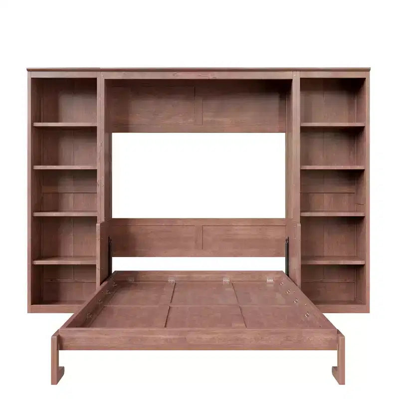Murphy-Bett in Full-/Queen-Size, platzsparendes Wandbett mit Schreibtisch und Bücherregal, Dunkelbraun - ModernLuxe