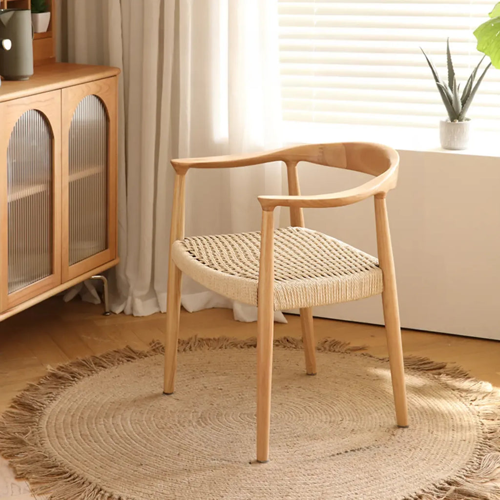 Chaise de salle à manger scandinave en bois courbé, avec assise tressée et accoudoirs