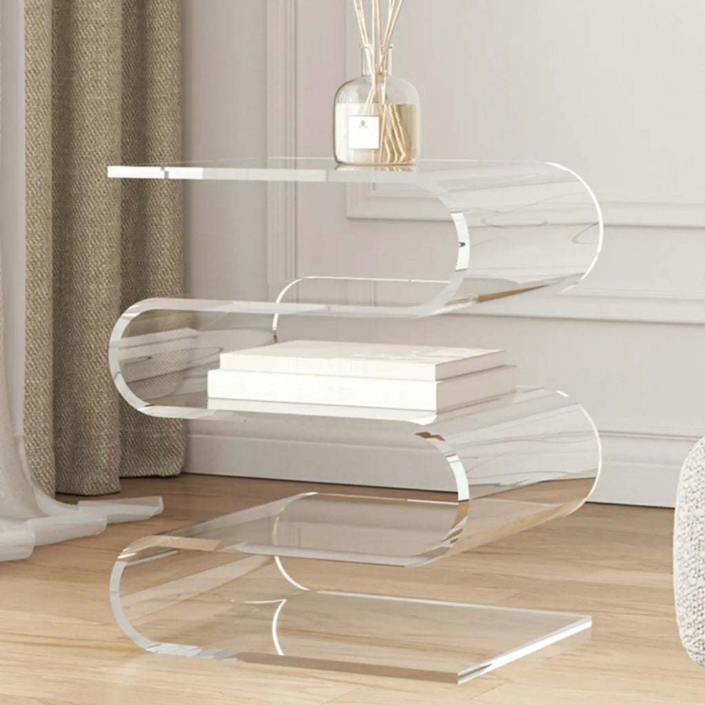 Moderner Beistelltisch aus Acryl in S-Form mit Stauraum