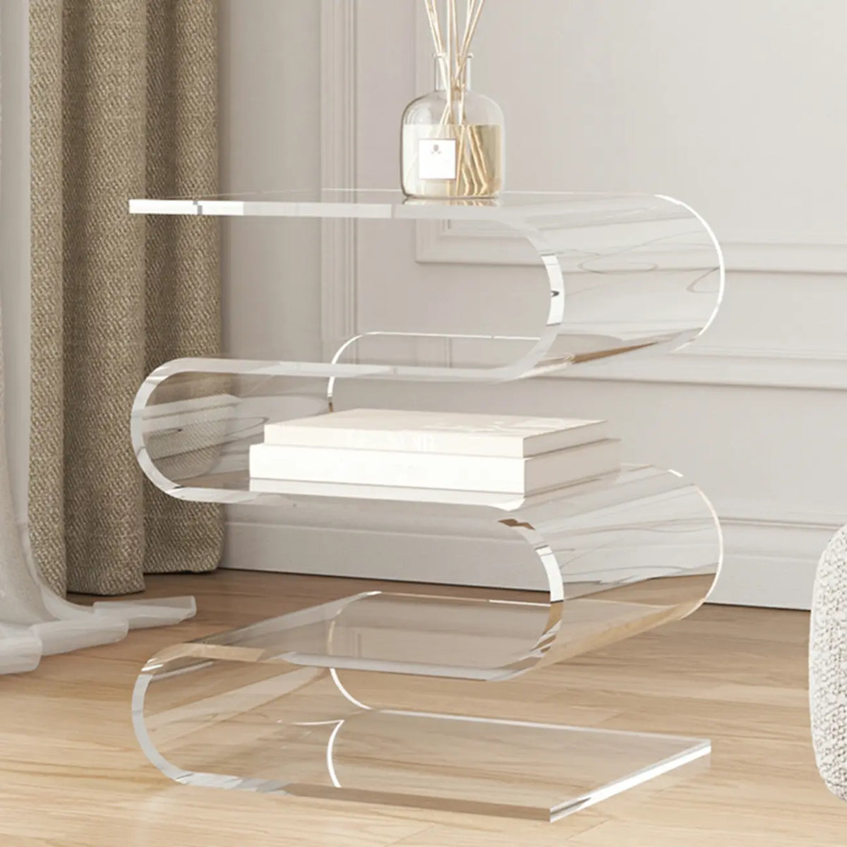 Moderner Beistelltisch aus Acryl in S-Form mit Stauraum