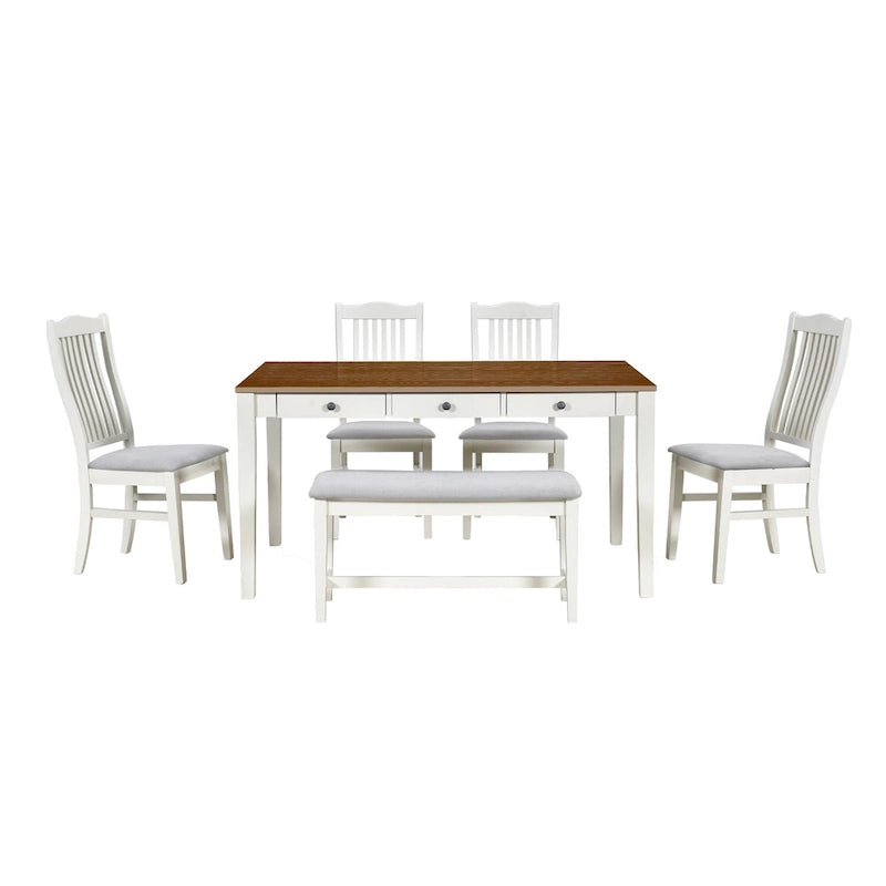 Eetkamerset van hout, 6-delig, met 4 stoelen en een bankje, tafel met lade